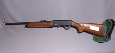 a rifle with a wooden barrel on a white background