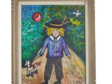 an oil painting of a boy with a dog and a red balloon