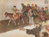 tableau représentant un groupe de personnes à cheval dans un cirque