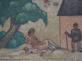 a painting of a man and a woman sitting on the ground next to a tree