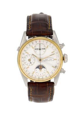 gros plan d'une montre sur fond blanc avec un bracelet marron