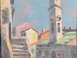 une peinture à l'huile représentant un homme marchant dans une rue, près d'un immeuble