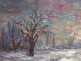an oil painting of a snowy landscape with a tree in the foreground