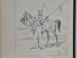 an old drawing of a man on a horse holding a flag