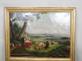 a painting of a woman with sheep in a field
