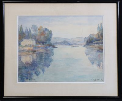 l'image d'une peinture représentant une rivière avec des arbres en arrière-plan