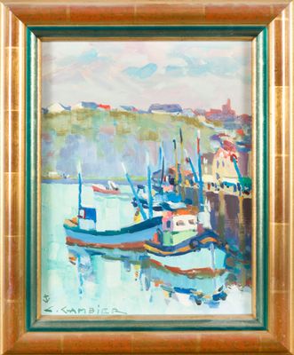 une peinture représentant des bateaux sur l'eau, près d'un mur de briques