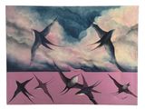 tableau représentant une volée d'oiseaux volant dans le ciel sur fond rose