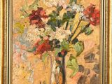 une peinture à l'huile représentant un vase de fleurs sur une table