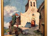 an oil painting of a church with a rooster in front of it