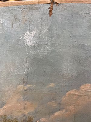 an oil painting of a bird perched on a branch of a tree