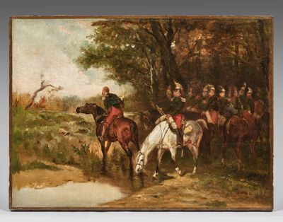 painting of a group of men riding horses in a wooded area