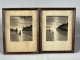 two black and white photos of a boat on a body of water
