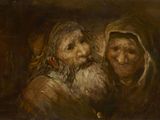 un tableau représentant deux vieilles femmes et un homme dans une pièce sombre