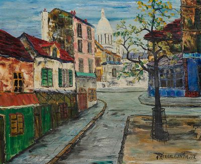 une peinture représentant une scène de rue avec des bâtiments et un arbre