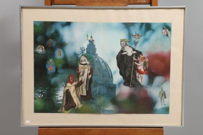 une photo d'un tableau posé sur un chevalet, représentant un homme et une femme