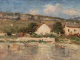 an image of a painting of a farm with cows in the background