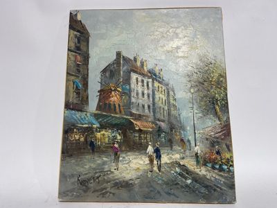 BURNETT Vue urbaine animée du Moulin Rouge, huile sur toile,…