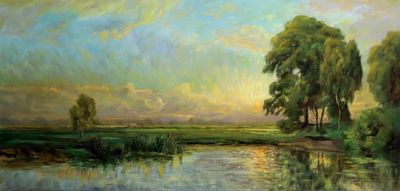 peinture représentant une rivière avec des arbres au premier plan