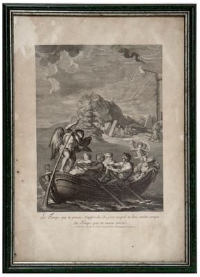 une vieille gravure représentant un homme dans un bateau sur lequel se trouve un oiseau