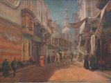painting of a street scene with people walking down the street
