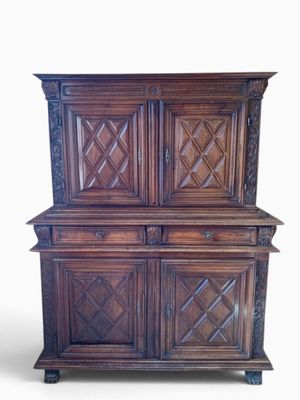 an image of a wooden cabinet on wheels