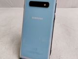 a close up of the back of a blue samsung galaxy s10