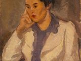 painting of a woman sitting in a chair with her hand on her chin