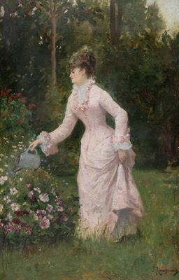 tableau représentant une femme en robe rose en train d'arroser des fleurs dans un jardin