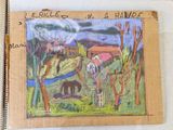 drawing of a horse in a field with trees and buildings in the background