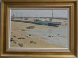 a picture of a painting of a boat on the beach