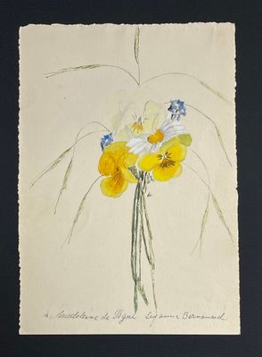painting of a bouquet of yellow and white flowers on a black background