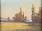peinture représentant un champ avec des arbres et des moutons qui paissent au loin