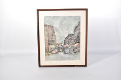 tableau représentant une scène de rue en ville, avec des voitures et des passants sous la pluie