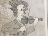 drawing of a woman playing a violin in front of a drawing of a man