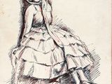 an old drawing of a woman in a dress sitting on a chair