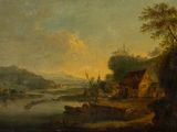 an image of a painting of a river scene with a boat in the foreground