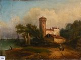 une peinture à l'huile représentant un château au bord d'un lac