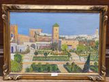 an oil painting of a view of a garden with a clock tower in the background