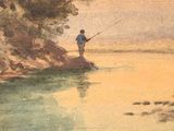 a watercolor painting of a man fishing on a river