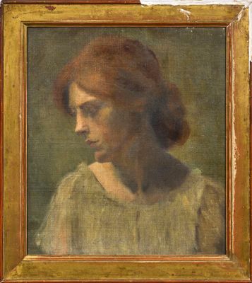 une peinture à l'huile représentant une femme en robe verte aux cheveux roux