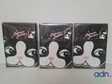 three boxes of black and white cats with pink hearts on them
