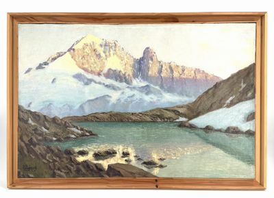 painting of a mountain scene with a lake in the foreground and a snowy mountain range in the background