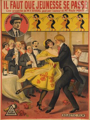 an old french poster advertising a couple dancing in a ballroom