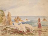 un tableau représentant une femme et deux moutons sur la plage