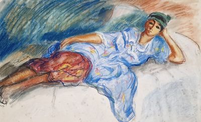 tableau représentant une femme en robe bleue allongée sur un lit