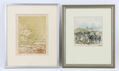 paire d'aquarelles encadrées représentant des chevaux et des personnages dans un paysage