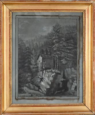 tableau représentant deux vaches dans un décor boisé, avec une cabane en arrière-plan