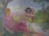 a painting of two women sitting under a tree