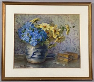 a painting of flowers in a blue vase on a table